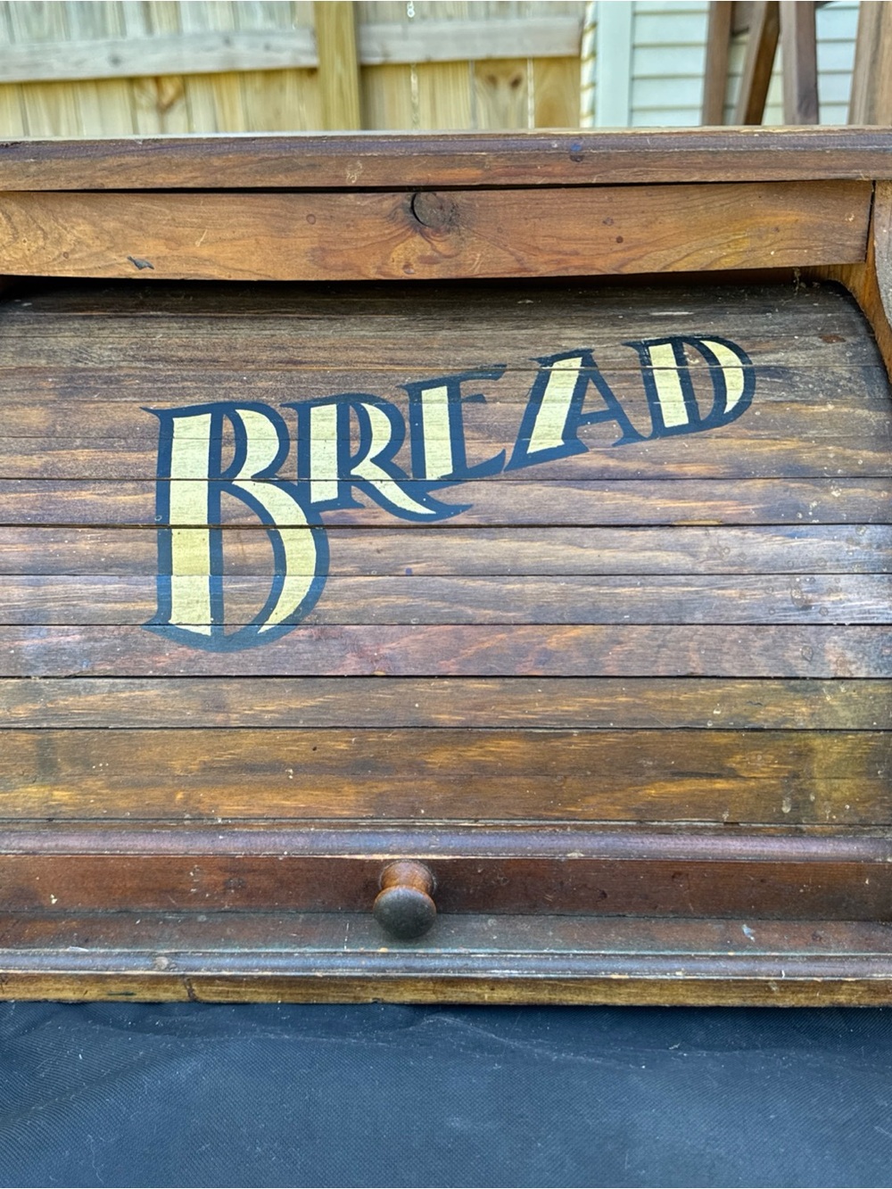 Vintage Wood Bread Box with Roll-Top Lid and 'BREAD' Lettering